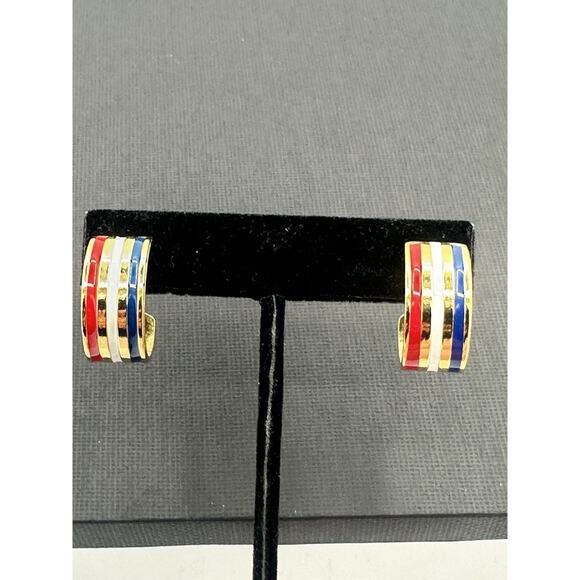 VTG Patriotic Hoop Pierced Earrings Colorful Enameled Earrings Red White Blue - Picture 1 of 4